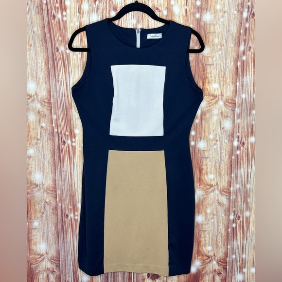 Calvin Klein Color Blocked Sheath Dress Size 8 Navy Taupe and Cream - Picture 2 of 5